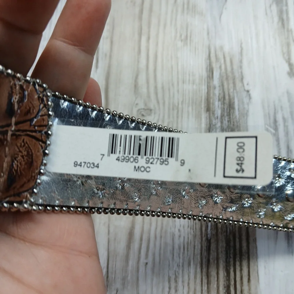 Guess Womens Brown Croc Embossed Rhinestone Studded Western Belt 947034 MOC
